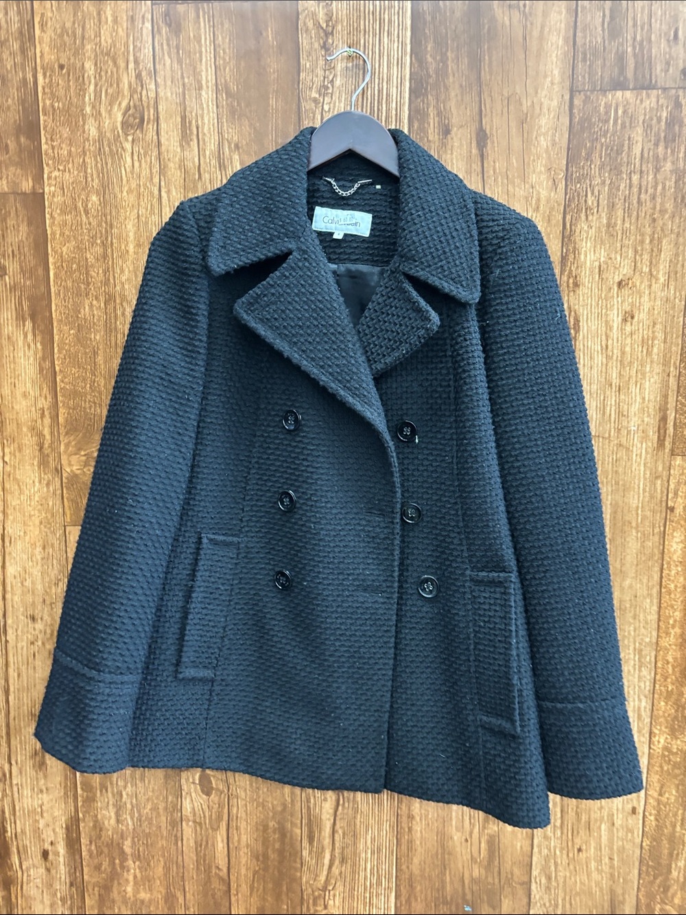 Calvin Klein Black Textured Double-Breasted Pea Coat